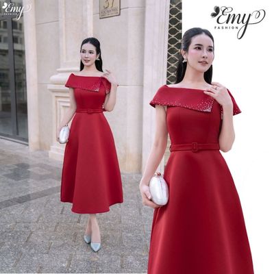 Đầm Thiết Kế EMY Thời Trang Cao Cấp EM2033 Vải Phi Cao Cấp Đỏ Rượu Sang Chảnh Đi Tiệc