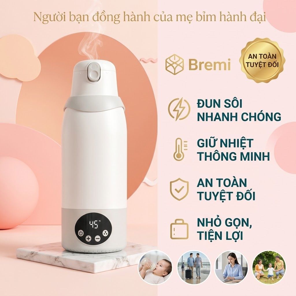 Máy đun hâm nước pha sữa cầm tay BEEMI không dây, điều chỉnh nhiệt độ