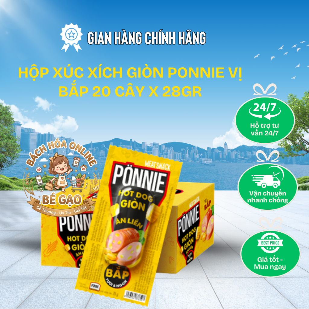 Hộp 20 Cây Hotdog Ponnie Giòn Ăn Liền Vị Bắp 28gr