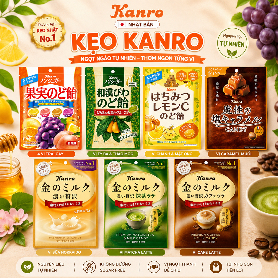 Kẹo Sữa Vị Cafe Trà Xanh Kanro Nhật Bản