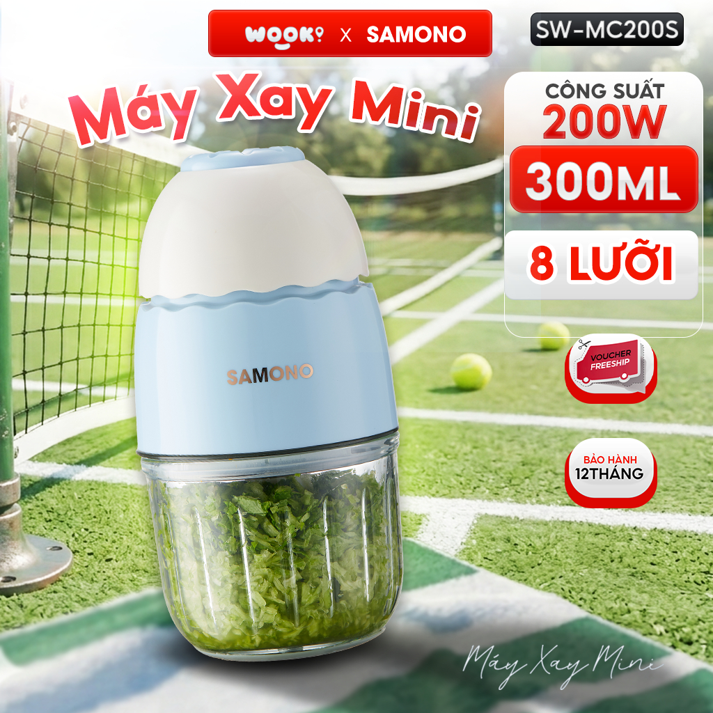 (Dao 8 lưỡi) Máy xay ăn dặm 0.3L Samono SW-MC200S cho bé, 200W, cối thủy tinh, xay thịt nhuyễn mịn