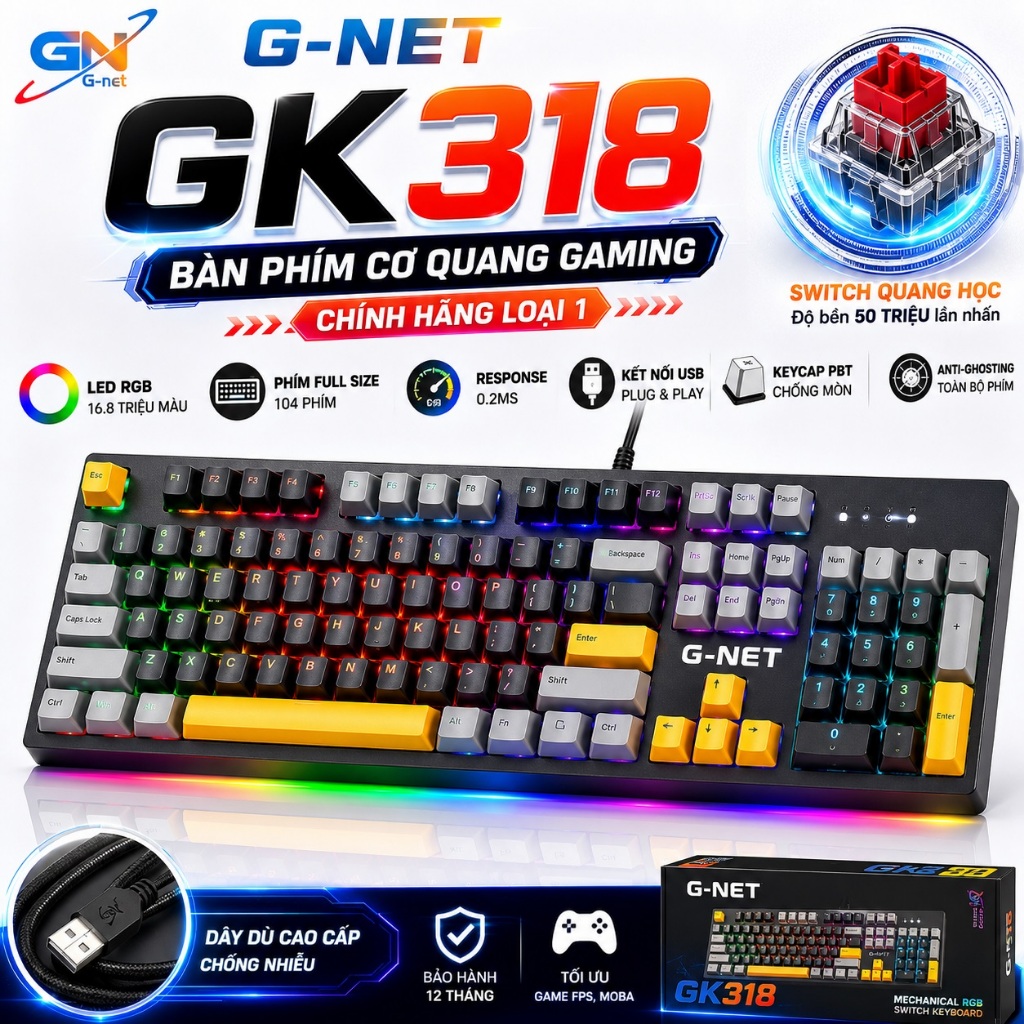 Thanh lý bàn phím cơ quang G-Net GK318 chính hãng, switch Fuhlen hotswap, chống nước cao cấp, bảo hà