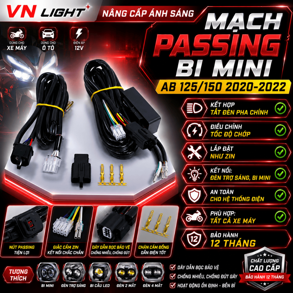 Mạch Passing Tắt Đèn Pha Chính Lắp Đèn Bi Cầu Mini Đèn Trợ Sáng Cho AB 125/150 2020-2022 Lắp Dễ Dàng