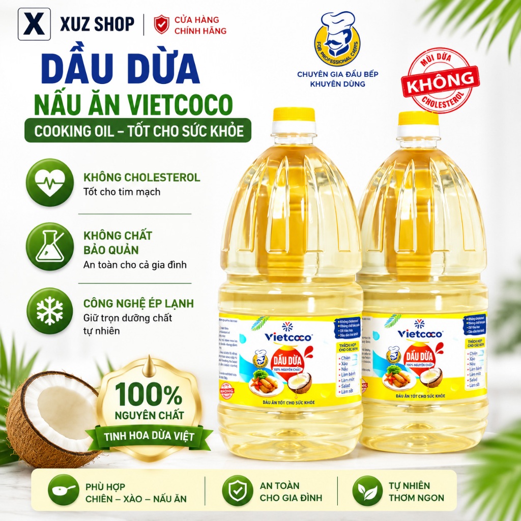 [COMBO 2 CHAI-2LÍT/can] Dầu Dừa Vietcoco – Nấu Ăn Nguyên Chất,Không Cholesterol Tốt Cho Sức Khỏe