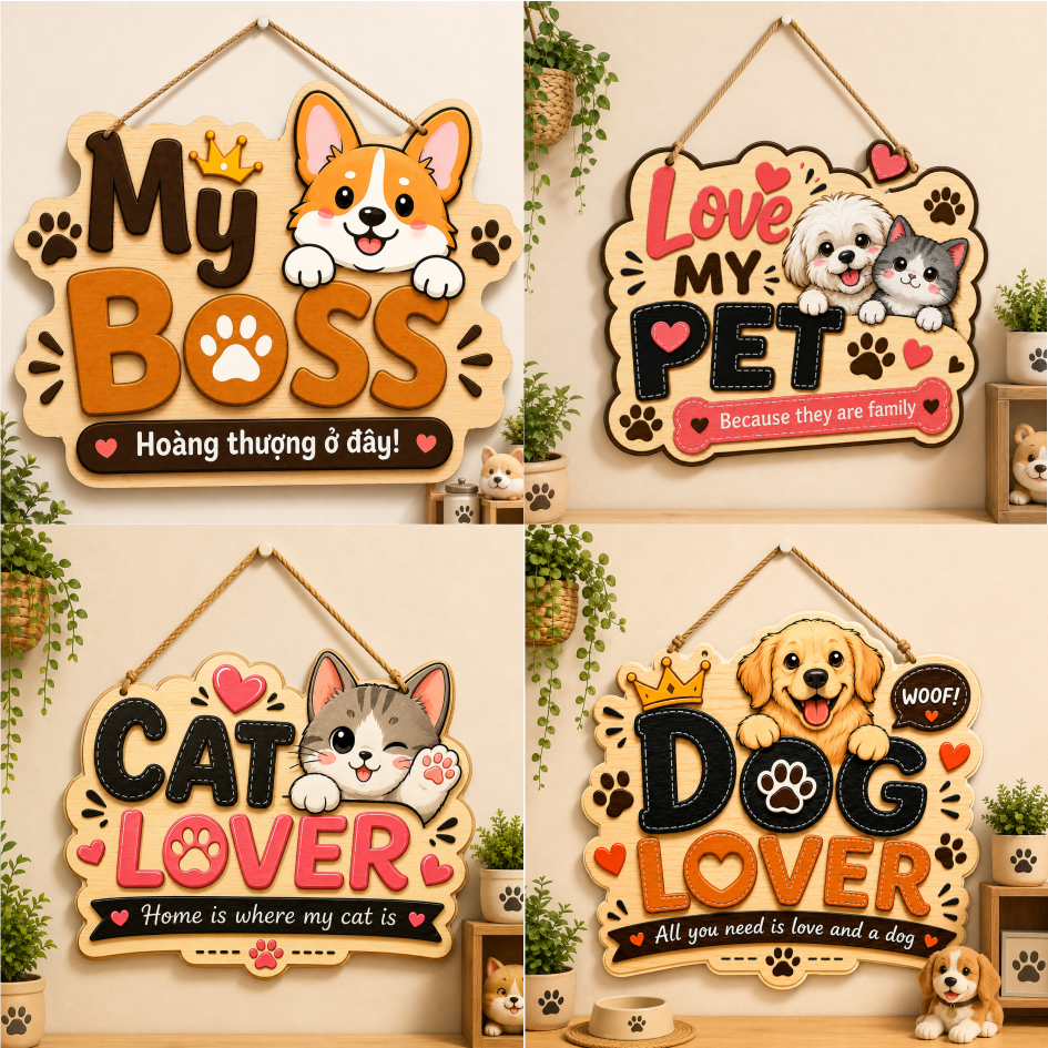 Bảng Gỗ Thú Cưng Vingreen Decor Đẹp, Trang trí phòng thú cưng, Ngôi nhà của Boss Chó, Boss Mèo Size 