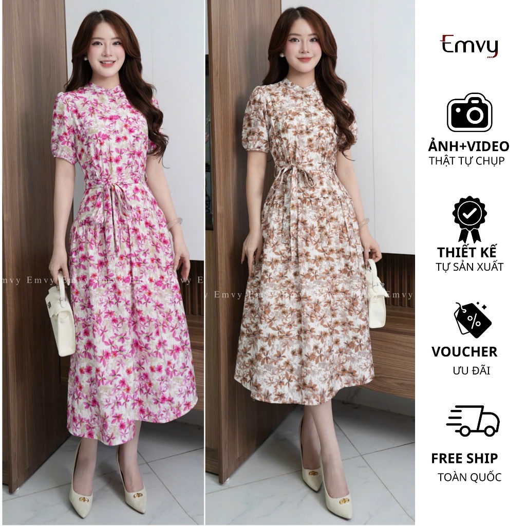 Đầm Hoa Nhí Công Sở Dáng Dài: Phong cách tiểu thư Vintage, chất Linen Hoa nhẹ thoáng mát Emvy Fashio