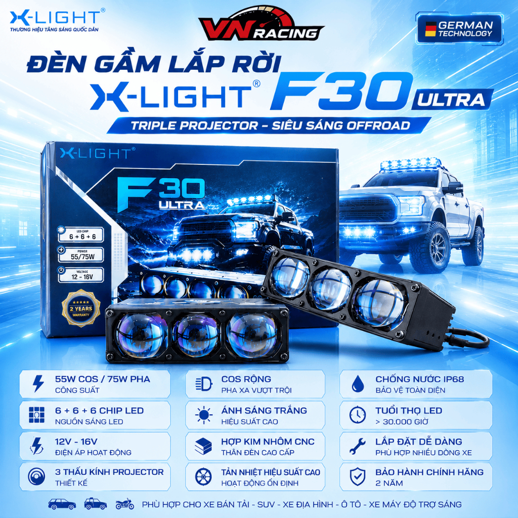Đèn Gầm, Đèn Trơ Sáng  X-Light F30 Ultra Bi LED Projector Chính Hãng, Ánh Sáng Mạnh, BH 2 Năm
