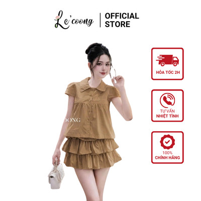 Set Áo Baby Doll Tiểu Thư Tay Con LECOONG B257 Chân Váy Xếp Tầng Bèo Nâu Trắng Sang Chảnh
