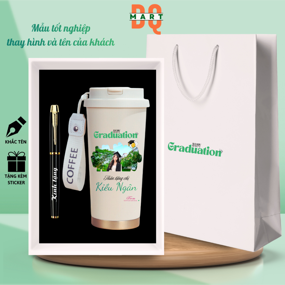 Set Hộp Quà Tặng Tốt Nghiệp DQMart+ Bình in hình+ bút ký-IN HÌNH, KHẮC TÊN theo yêu cầu khách,dqmart