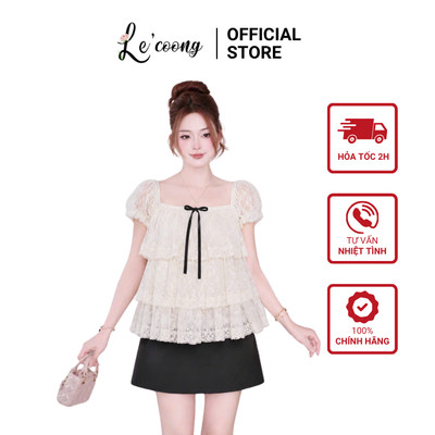 Set Áo Baby Doll Ren Hoa Đính Nơ Đen LECOONG A32 CV32  Chân Váy Dáng A  Ôm Tôn Dáng Sang Chảnh