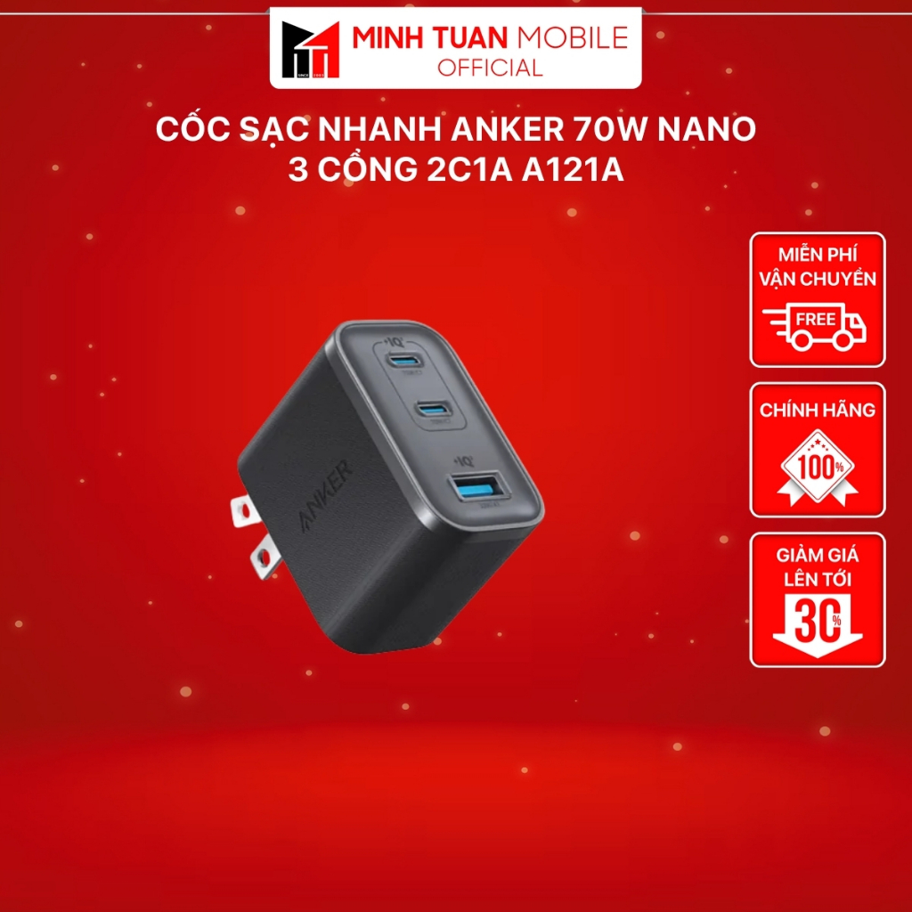 Cốc Sạc Nhanh Anker 70W Nano 3 cổng 2C1A A121A