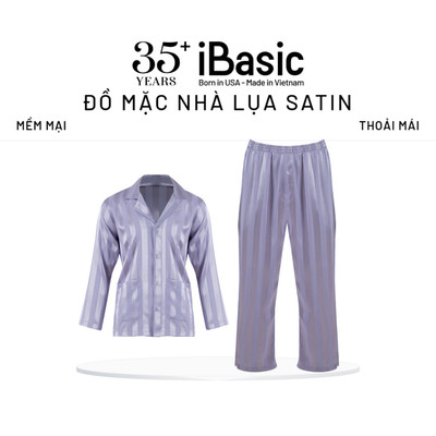 Bộ mặc nhà nam iBasic satin sọc tay dài quần dài - HOMM020