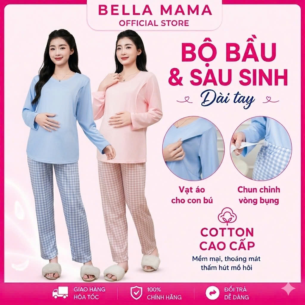 Bộ Bầu Mặc 2 in 1 Bella Mama Nhà Cotton Đồ Bầu Sau Sinh Mở 2 Bên Cho Con Bú Và Quần Chun Chỉnh Bụng,