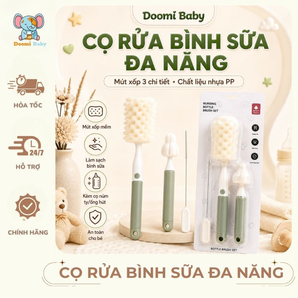 Cọ rửa bình sữa đa năng bằng mút xốp 3 chi tiết chất nhiệu nhựa PP Doomi Baby - HT864 - HT869