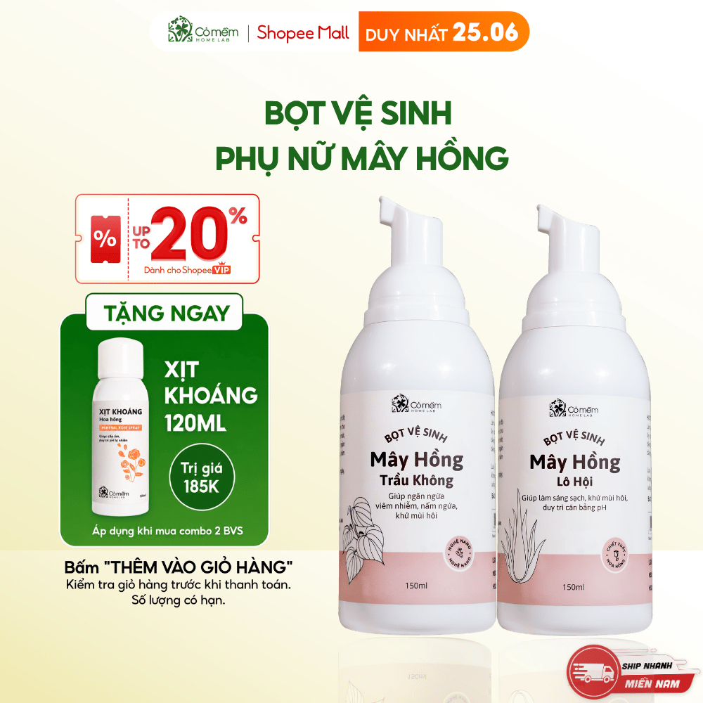 Bọt vệ sinh phụ nữ Mây Hồng Tạo Bọt Sẵn Sạch Thoáng Mềm Thơm Cỏ Mềm 150ml