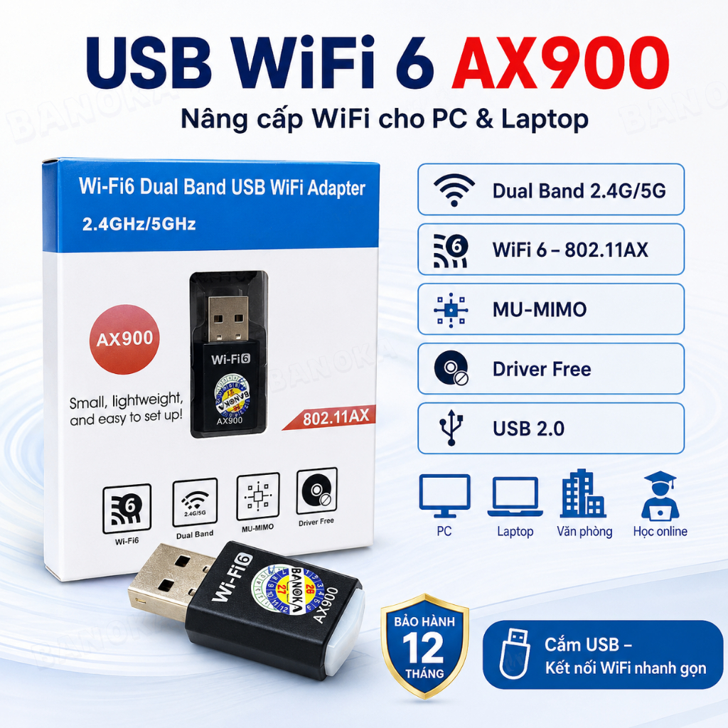 USB WiFi 6 AX900 Dual Band 2.4G/5G Cho PC Laptop, Bảo Hành 12 Tháng