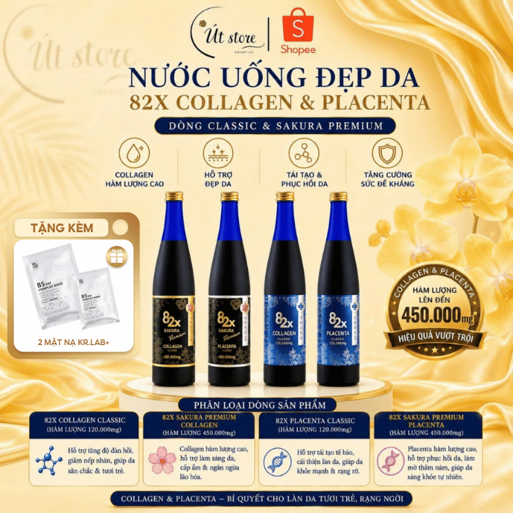 Nước Uống Đẹp Da 82X Collagen Và Placenta Nhật Bản Dòng Classic Và Sakura Premium, Da Sáng, Tươi Trẻ