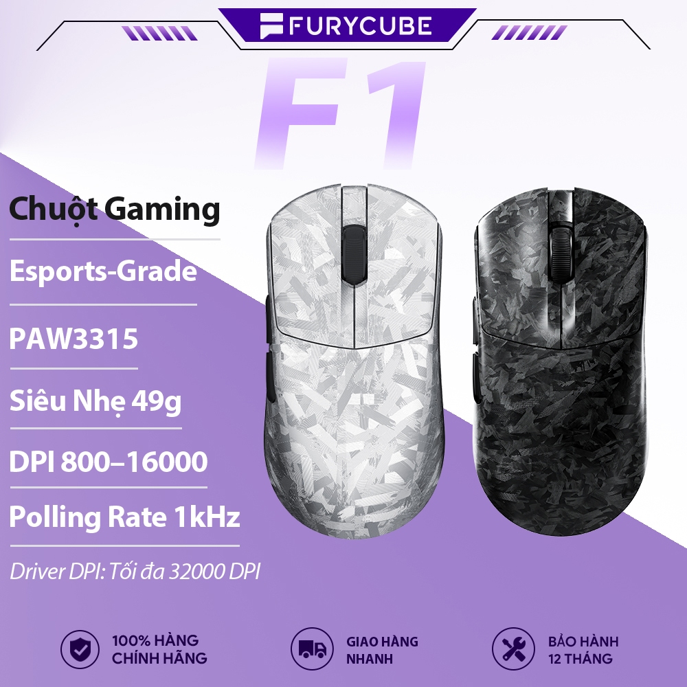 FURYCUBE F1 Chuột Gaming PAW3315 16000 DPI, 49g, FPS Esports, 1000Hz, Tracking Mượt, Carbon Texture
