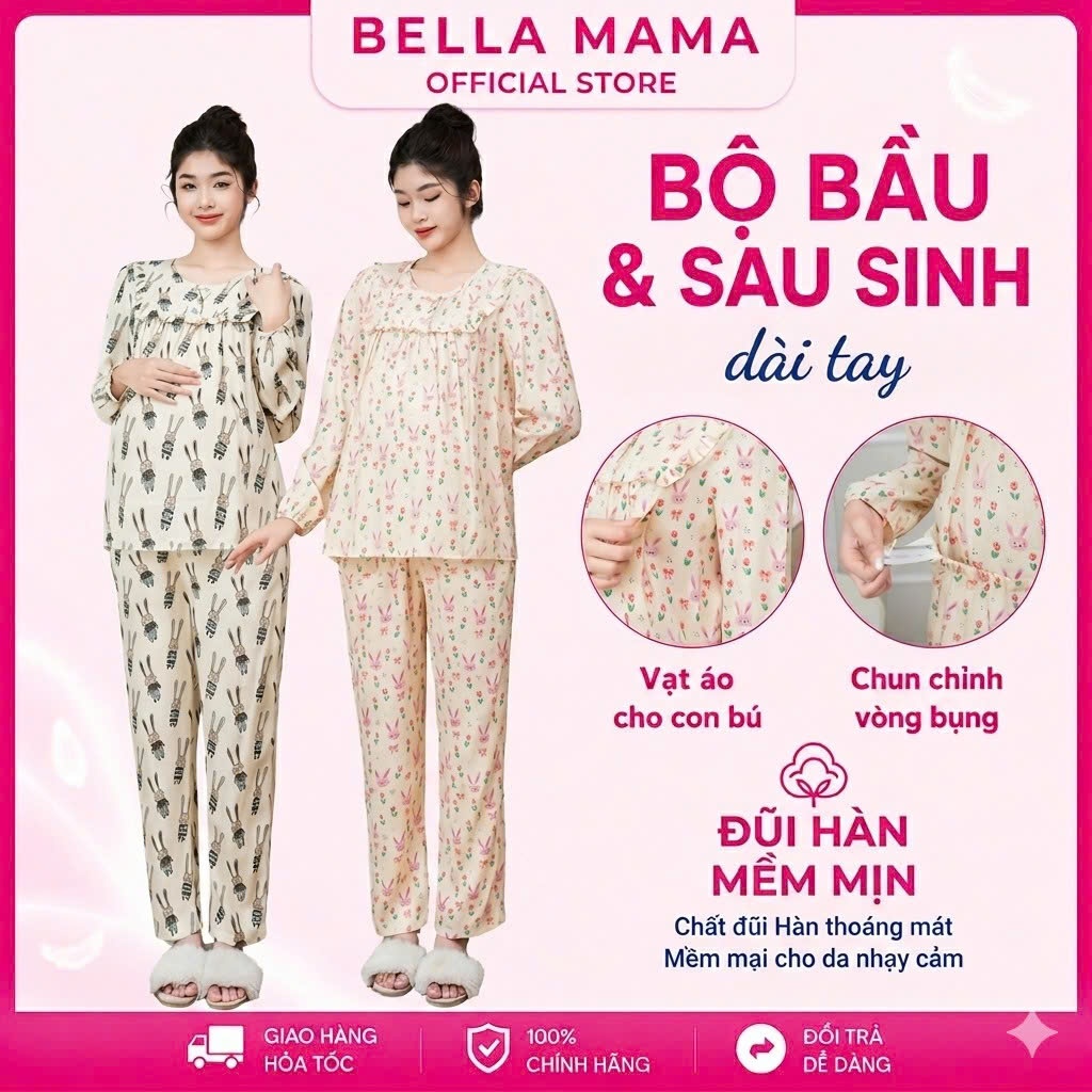 Bộ Bầu Mặc Nhà Bella Mama Đũi Hàn Đồ Bầu Sau Sinh Mở Khóa Cho Con Bú Quần Chun Chỉnh Bụng - BN19