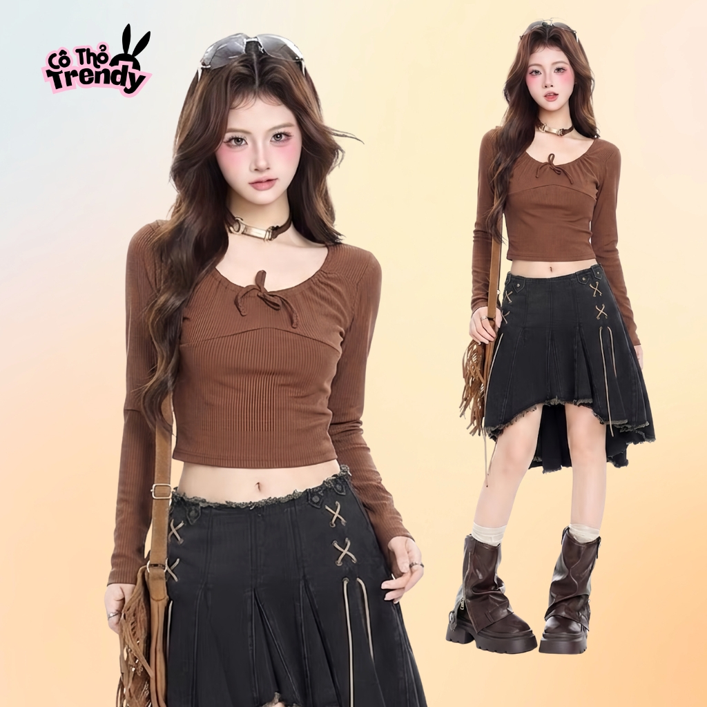 Áo croptop dài tay Cô Thỏ cổ tròn thắt nơ ngực chất thun gân dày co giãn ôm body Acubi style