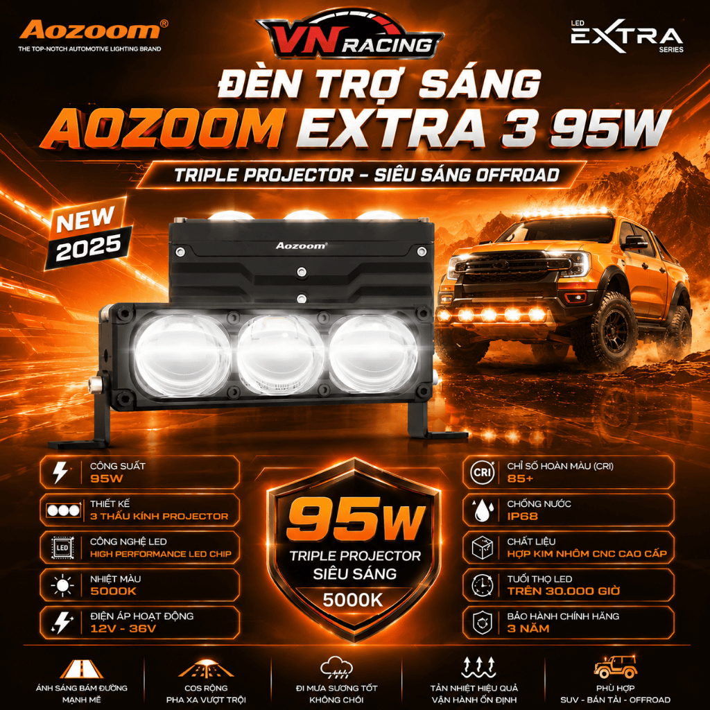 Đèn Trợ Sáng Aozoom EX3 Extra Light Công Suất 95W Siêu Sáng, Ánh Sáng Mịn Cắt Chống Chói BH 24 Tháng