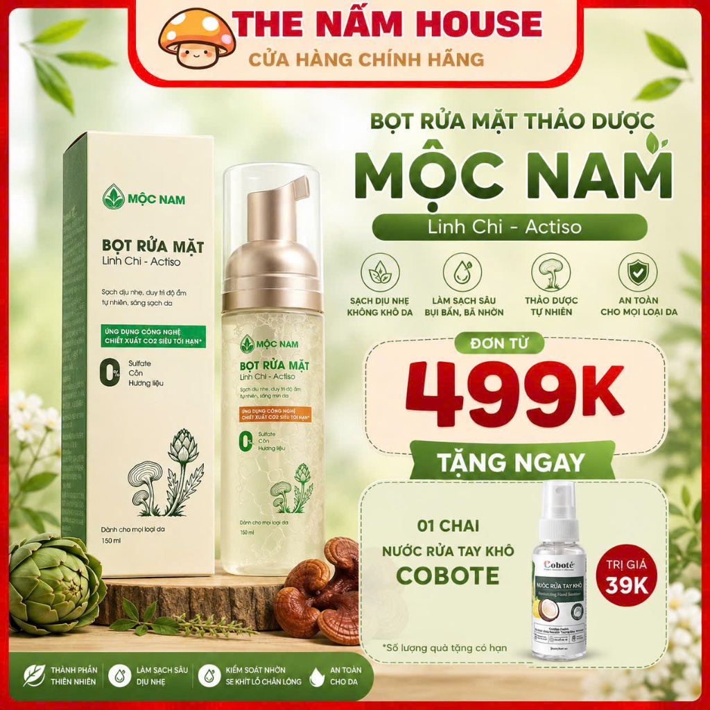 Bọt rửa mặt Mộc Nam chiết xuất Linh Chi Actiso làm sạch sâu không gây khô da 150ml