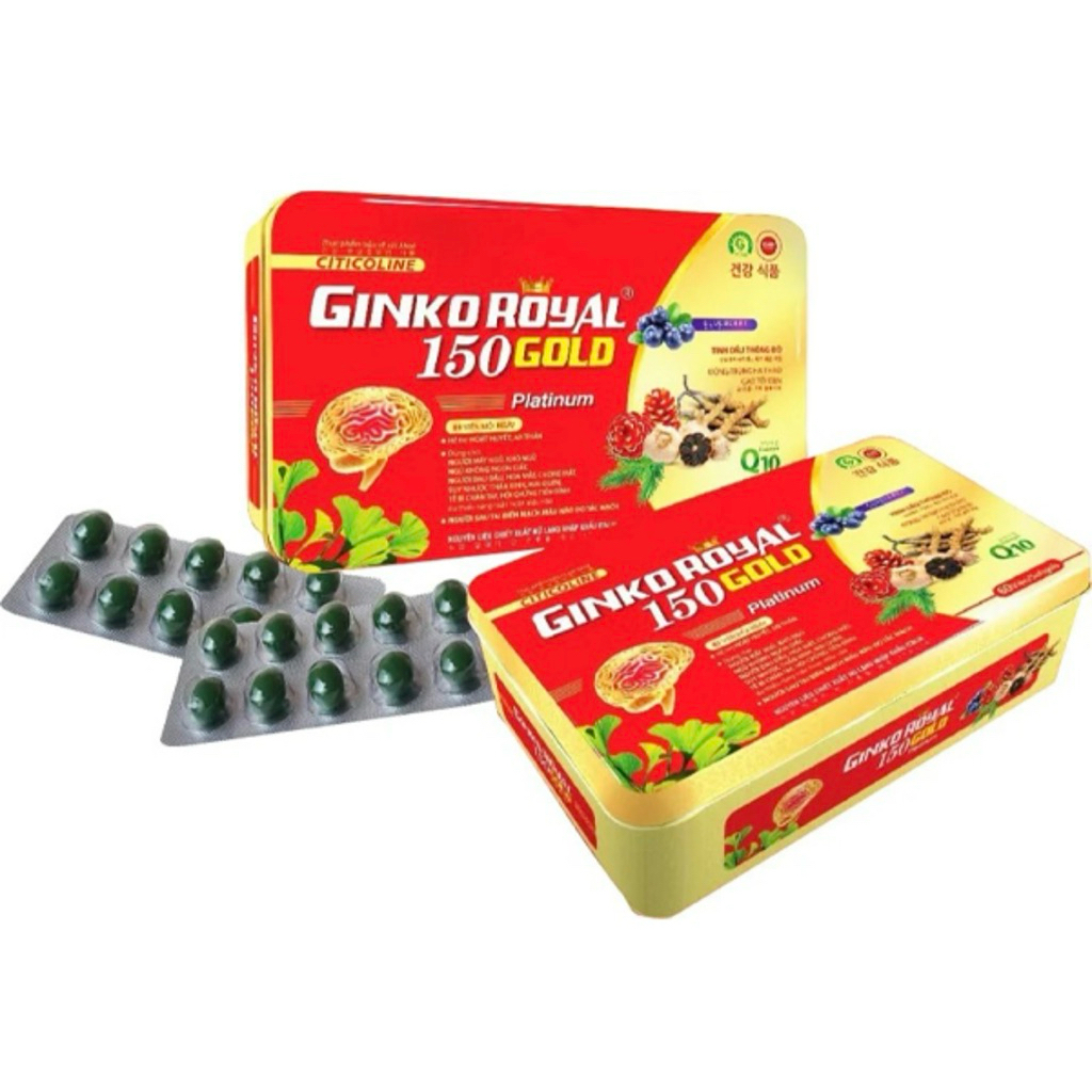 Ginko Royal 150 gold. Hộp sắt 60 viên : Hỗ trợ tăng cường tuần hoàn máu não, giảm đau đầu, chóng mặt