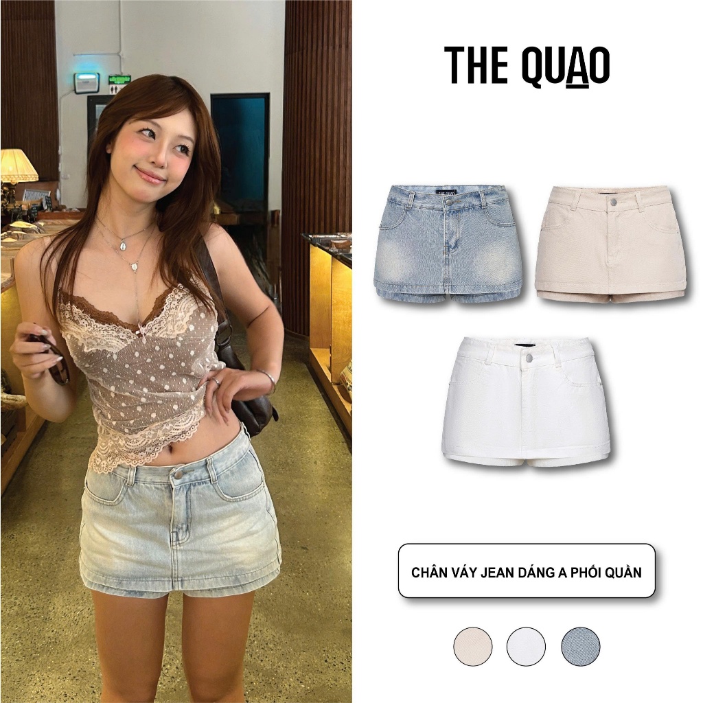 THE QUẠO - Chân váy jeans nữ lưng cao dáng A phối quần N1604 751