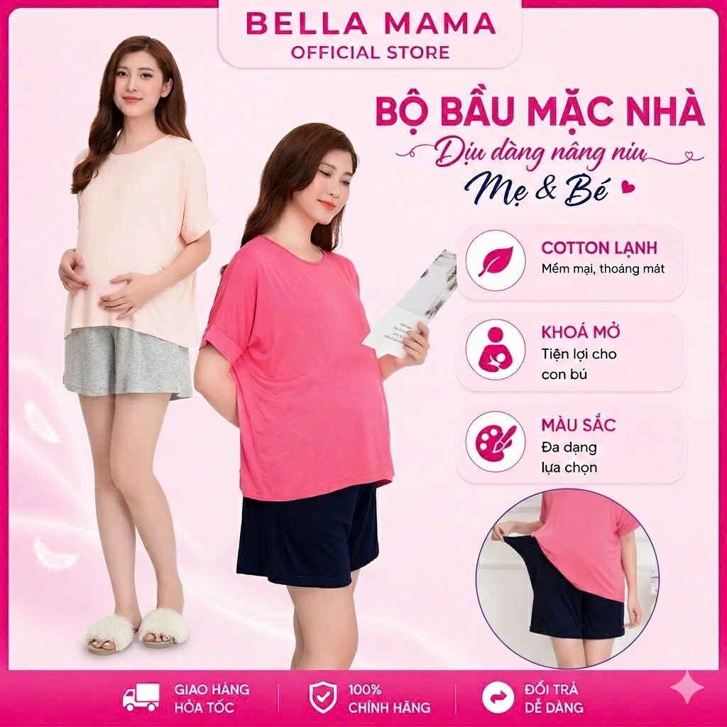 Bộ bầu và sau sinh Bella Mama Đồ bộ bà bầu cotton siêu mềm thoáng mát cao cấp chun chỉnh bụng BN10