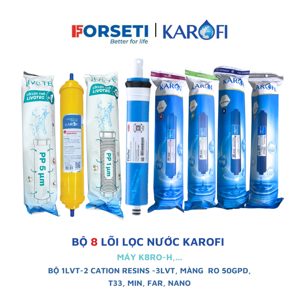 Bộ 8 lõi lọc nước Karofi chính hãng dùng cho máy lọc nước Karofi K8RO-H,... (12CationT333 RO50 5678)