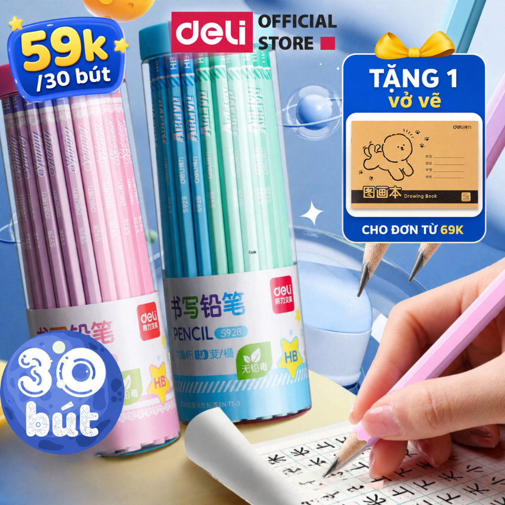 [🔥59K 30 BÚT] Bút chì lục giác Deli - 30 chiếc/hộp loại 2B/HB màu sắc pastel dễ thương, thân gỗ tự n