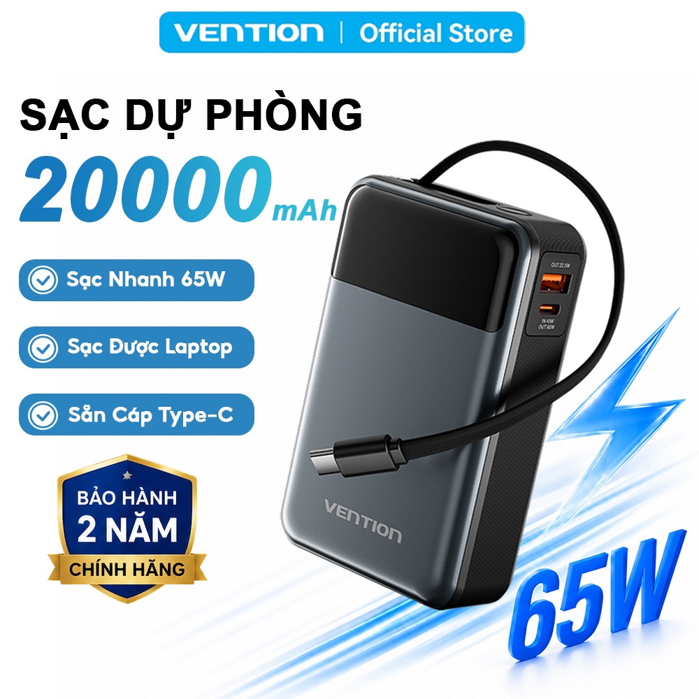 Sạc Dự Phòng 65W Vention 20000mAh, Hỗ Trợ Sạc Nhanh PD, Tích Hợp Cáp Sạc Type-C, Màn Hình LED Dùng Cho Điện Thoại Laptop