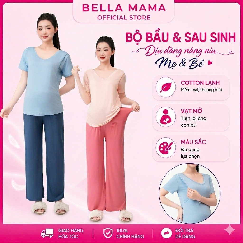 Bộ Bầu Mặc Nhà Cotton Bella Mama Đồ Bầu Sau Sinh Vạt 2 Bên Cho Bé Bú Quần Chun ChỉnhBella Mama BN23