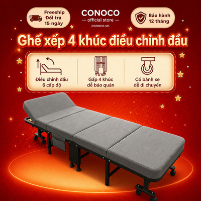 CONOCO Giường Gấp Văn Phòng Nệm Da Gấp 4 Có Bánh Xe Đầu Giường Chỉnh 6 Nấc Khung Thép Chịu Lực 300kg