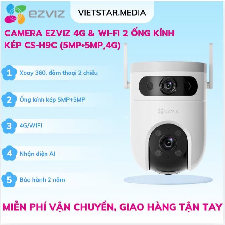 Camera 2 Ống Kính Ezviz H9C Wifi & 4G (5MP+5MP),Quay Quét 360 Độ, Nhận Diện AI, Bảo Hành 2 Năm
