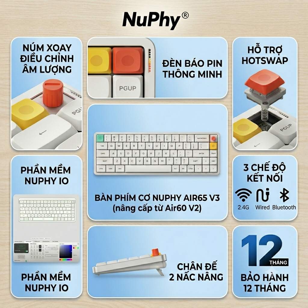 Bàn phím cơ không dây Nuphy Air65 V3 - Low profile siêu mỏng, 3 mode kết nối, Núm xoay thông minh