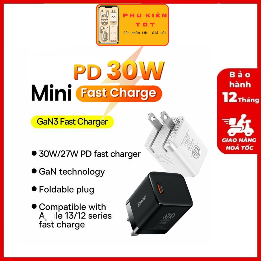 Củ sạc nhanh Baseus 30W, Baseus GaN3 Fast Charger 1C 30W cho Ai-Phôn, QC 4.0 cho đt Samsung Xiaomi
