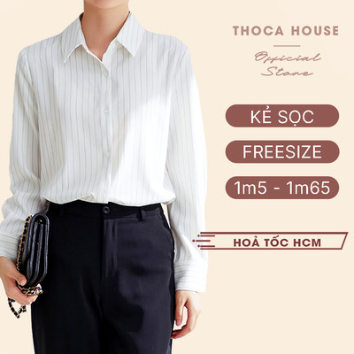 Áo sơ mi nữ dài tay suông kẻ sọc trắng đen THOCA HOUSE sơ mi công sở sang trọng cổ điển