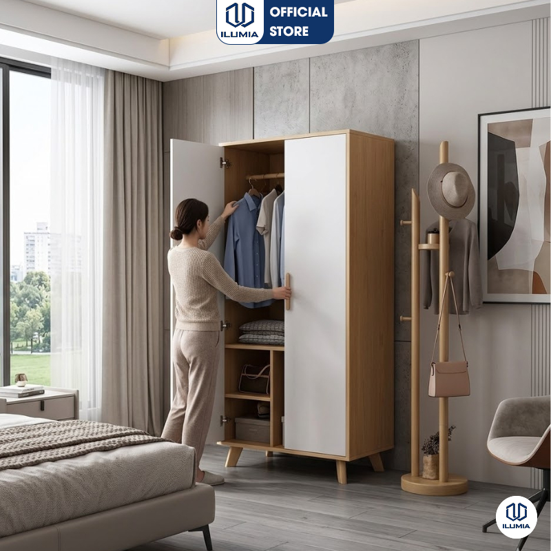Tủ quần áo người lớn 2 cánh chất liệu gỗ MDF phủ melamin cao cấp thương hiệu ILUMIA - GP129
