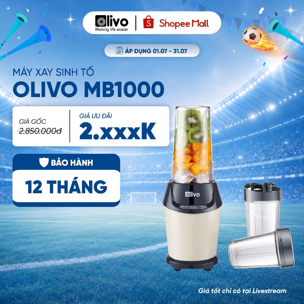 Máy Xay Sinh Tố OLIVO MB1000 – Ba Cốc Xay Linh Hoạt – Xay Đá Bào, Xay Sinh Tố, Smoothie