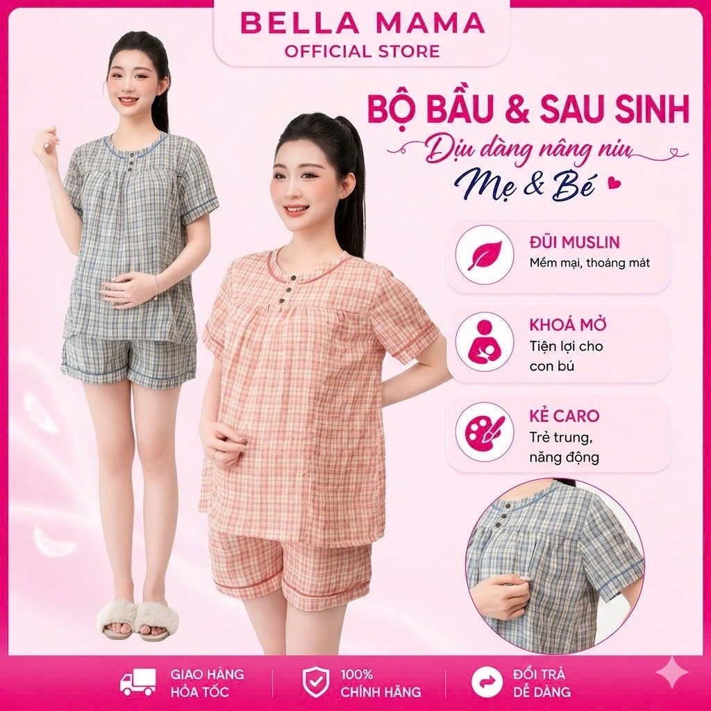 Bộ Bầu Mặc Nhà Mùa Hè Đũi Muslim Bella Mama  Đồ Bầu Sau Sinh Có Khóa Ngực Chun Bụng Vải Mềm Mịn Mát 
