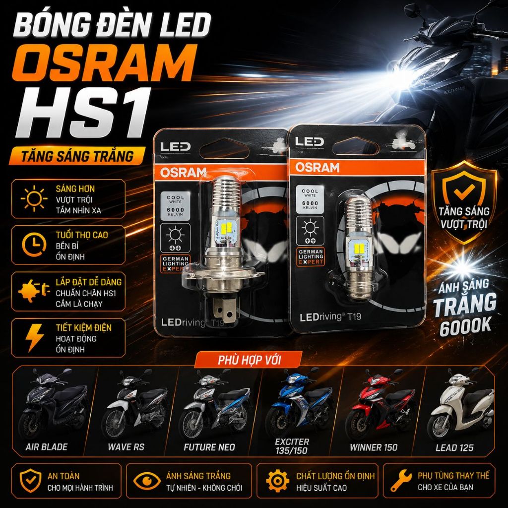 Bóng đèn LED OSRAM HS1 xe Air Blade, Wave RS, Future Neo, Exciter 135/150, Winner 150, Lead 125 tăng