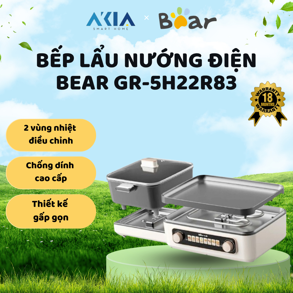 Nồi lẩu nướng đa năng Bear GR-5H22R83, 2 vùng nhiệt điều chỉnh, chống dính cao cấp, thiết kế gấp gọn