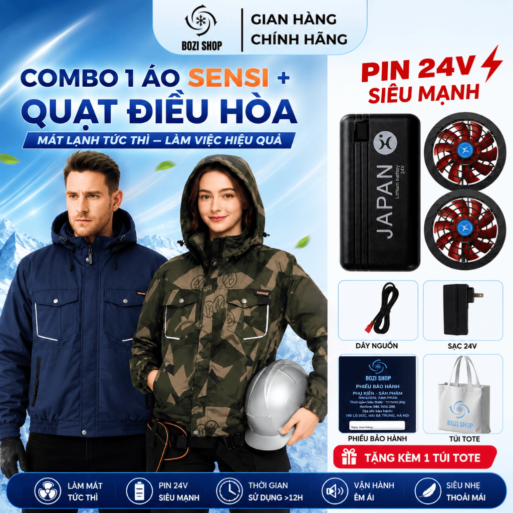 Áo khoác điều hoà SENSI có mũ chất kaki pha gió siêu nhẹ cho nam nữ, áo khoác bảo hộ chống tia lửa đ