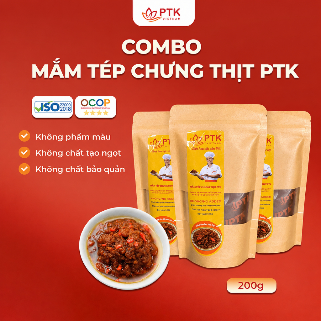 [COMBO] Mắm Tép Chưng Thịt PTK 200 - 200g (Vị không cay, túi zip) - Đặc Sản Việt Nam - Chuẩn ISO, OC