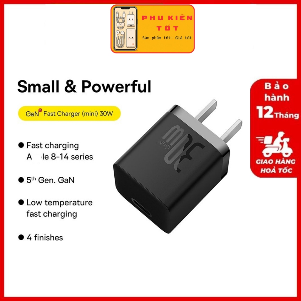 Củ sạc nhanh Baseus GaN5 30W, Baseus Fast Charger Mini 1C 30W (Nhỏ gọn, sạc nhanh PD/QC)