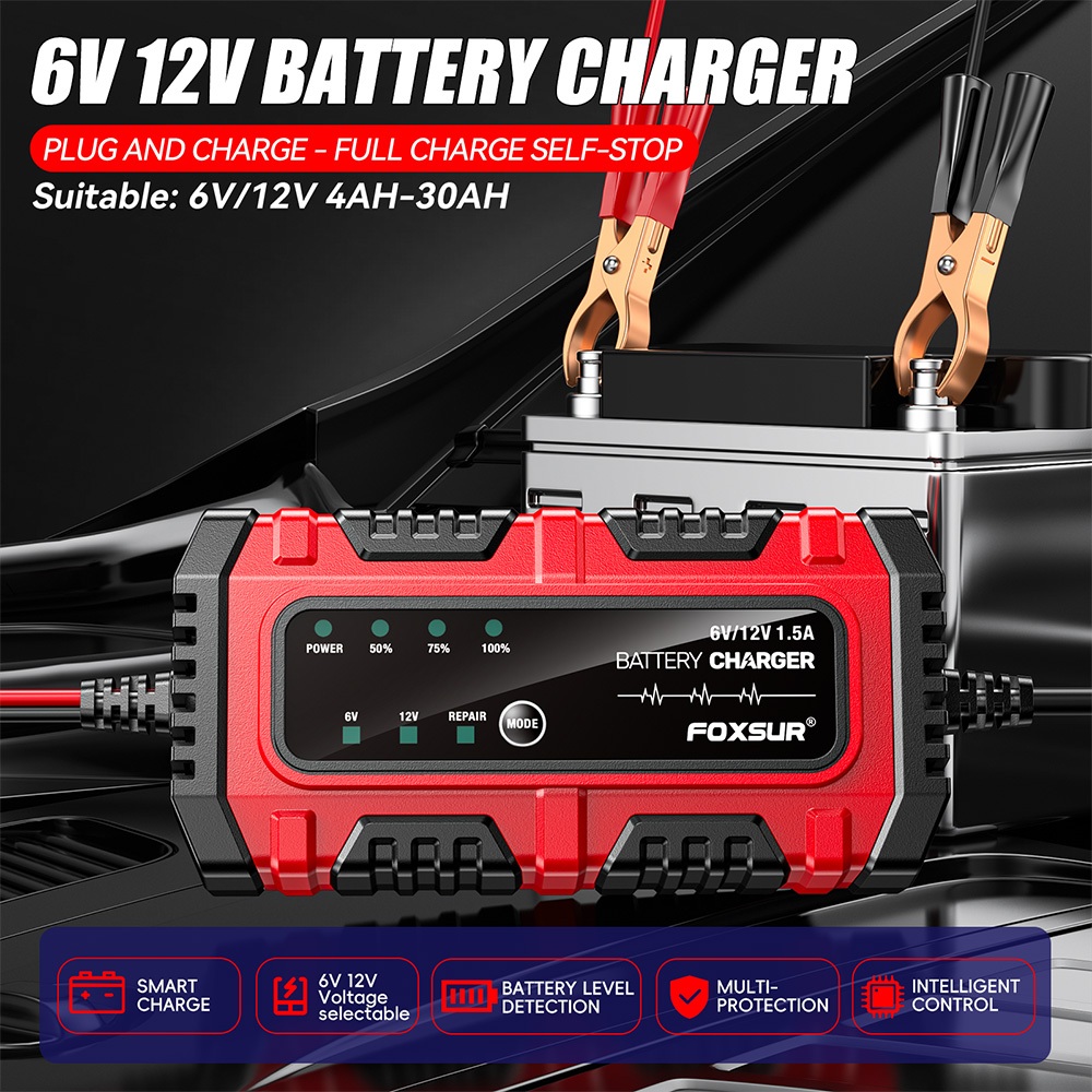 sạc bình ắc quy 6V 12V FOXSUR 3AH-30AH đa năng sạc được cả bình xe trẻ Em 6V và ắc quy xe máy 12v tự