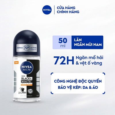 Lăn Ngăn Mùi NIVEA MEN Black&White Ngăn Vệt Ố Vàng Vượt Trội | Hương Mạnh Mẽ 50ml / Lăn Khử Mùi Nam - 85392