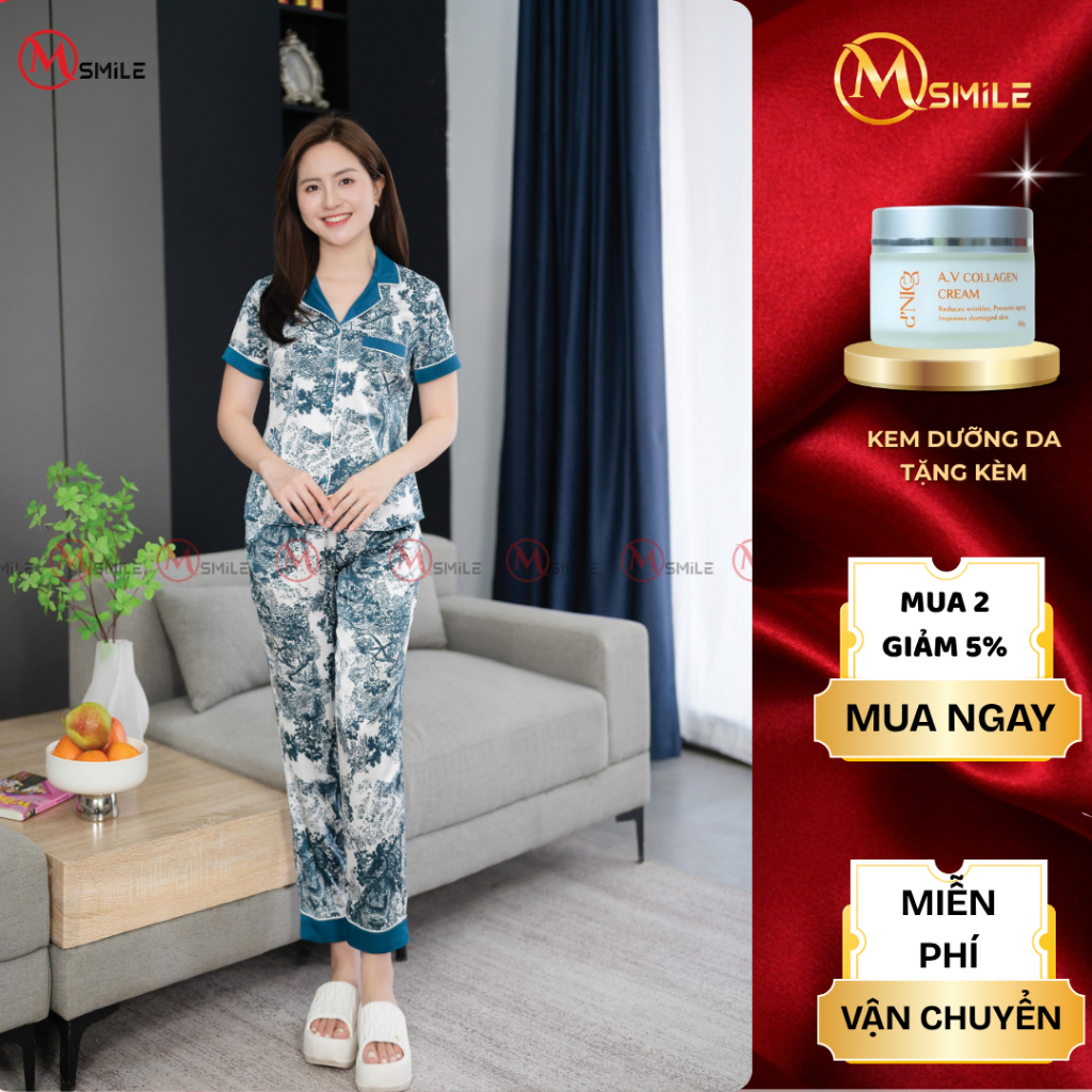 Bộ mặc nhà MSMILE BD537 lụa Satin cao cấp tay ngắn quần dài, chất liệu mịn màng, thoáng mát