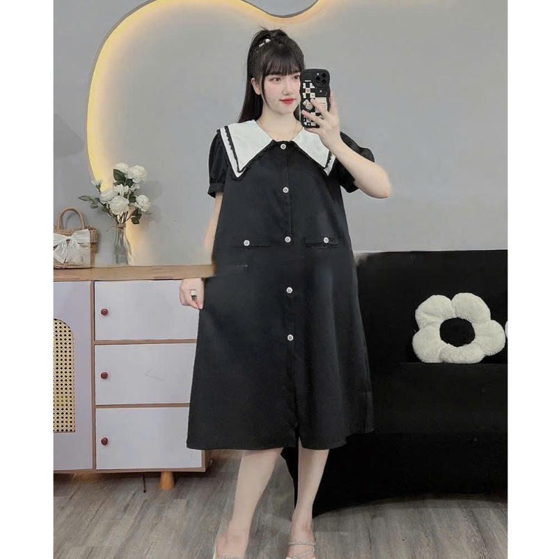 (45-100kg)Váy bầu,đầm bầu công sở màu đen phối ren trắng cực sang,bigsize đến 100kg